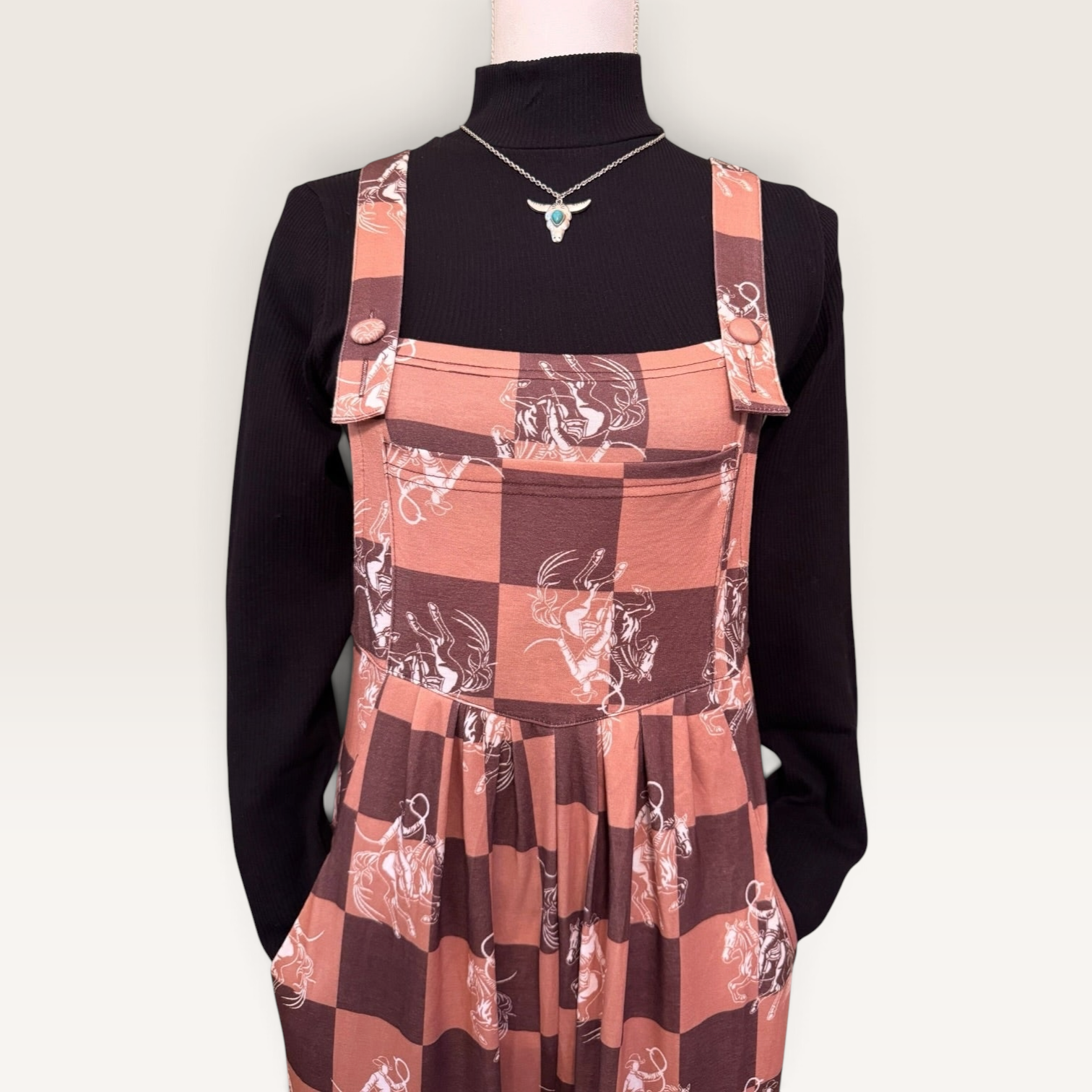 Western Horse Print Checkerboard Overalls