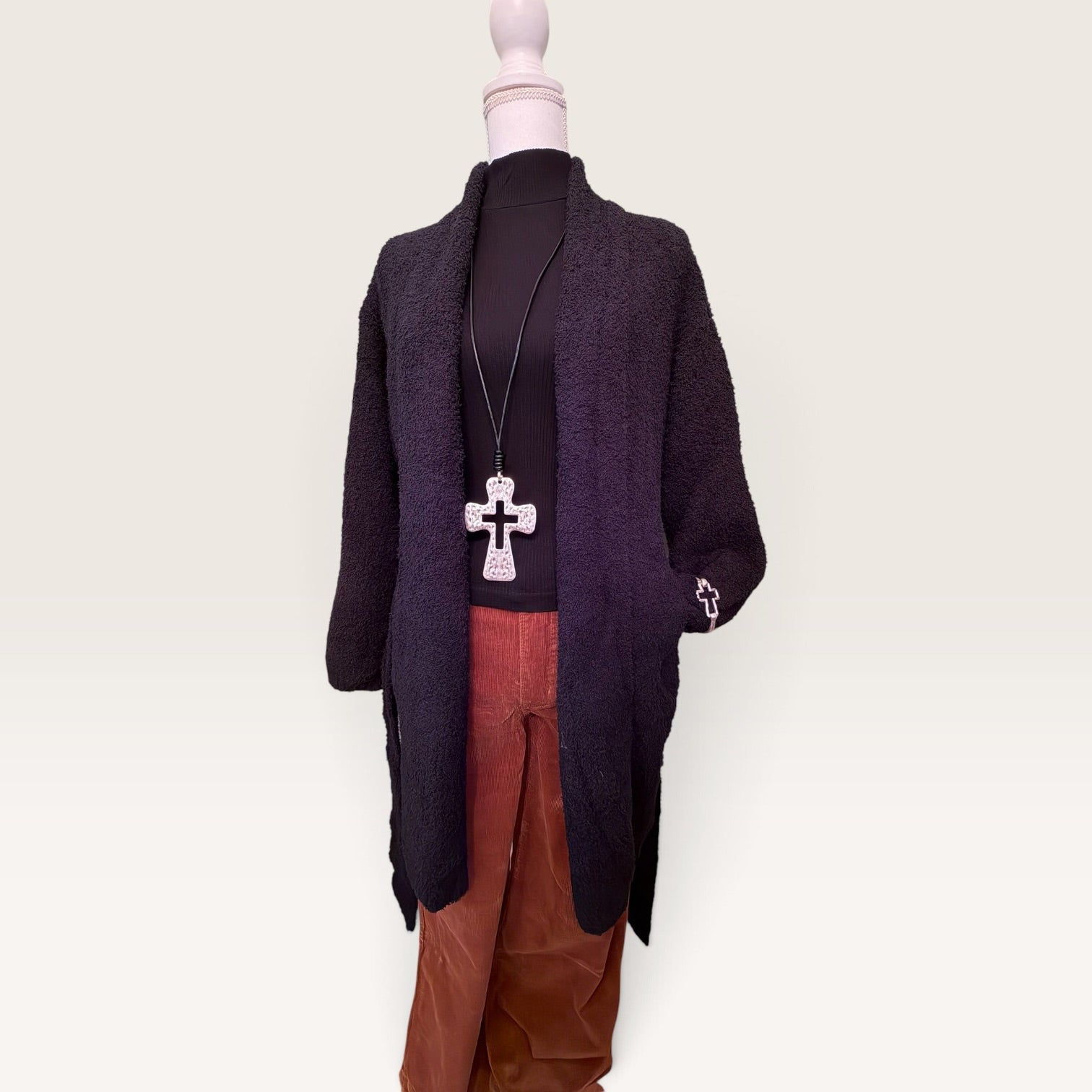 Black long-length knitted cardigan with open-front design