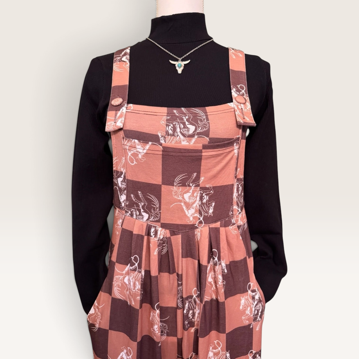 Western Horse Print Checkerboard Overalls