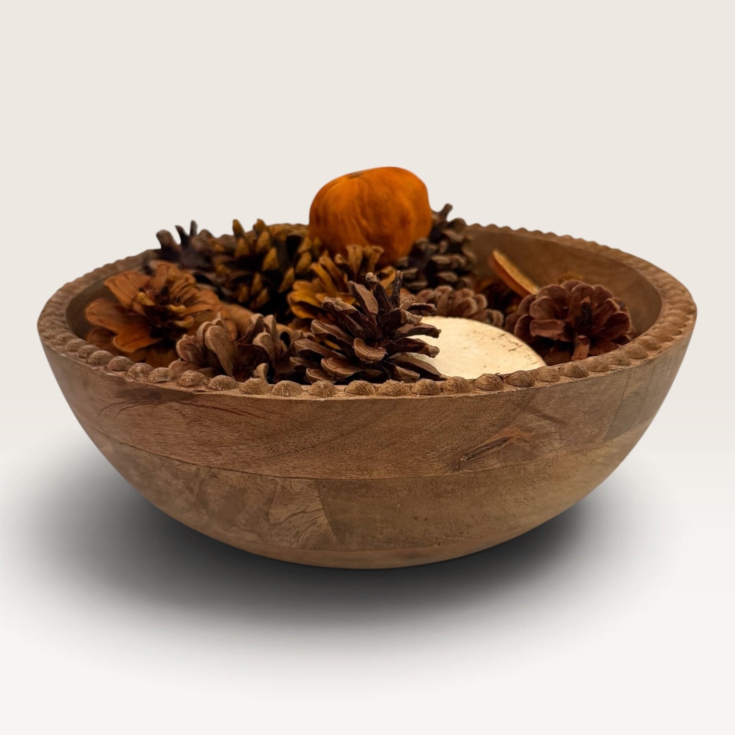 Side view of handcrafted fall beaded wood bowl centerpiece