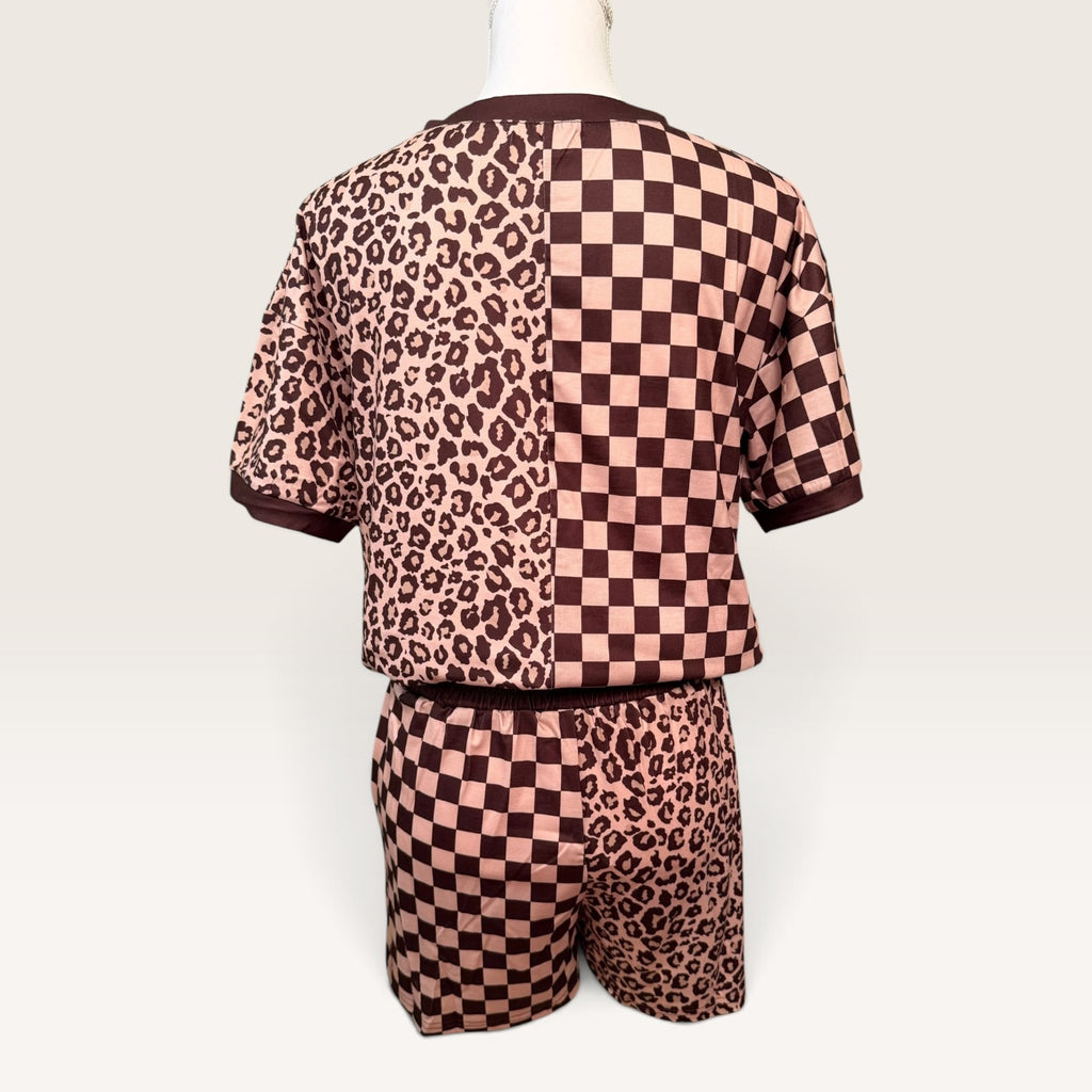 Back view of checkerboard and leopard matching set