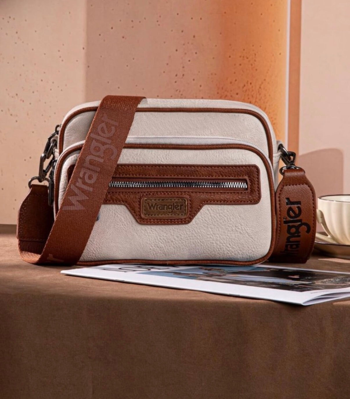 Wrangler Multi-Pocket Crossbody Organizer Bag – Beige/Brown
