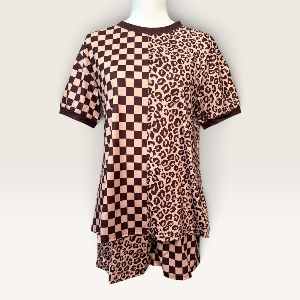 Brown checkerboard and leopard two-piece short set