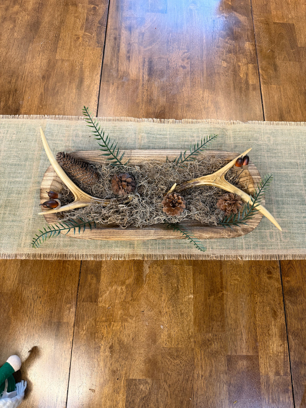 Rustic Antler & Evergreen Dough Bowl Centerpiece