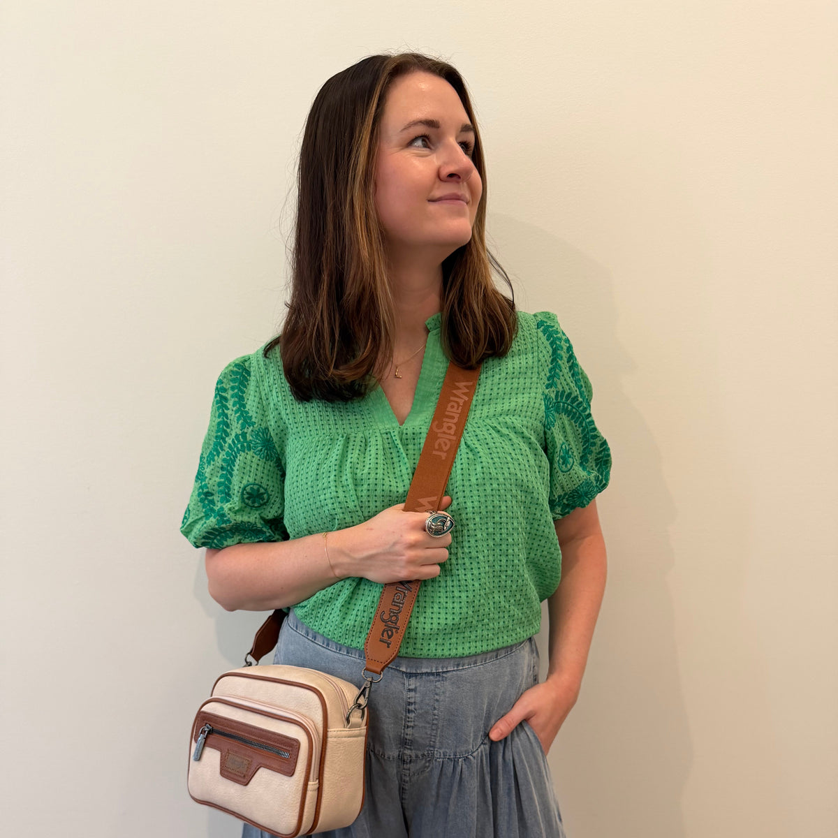 Green Embroidered Puff-Sleeve Blouse