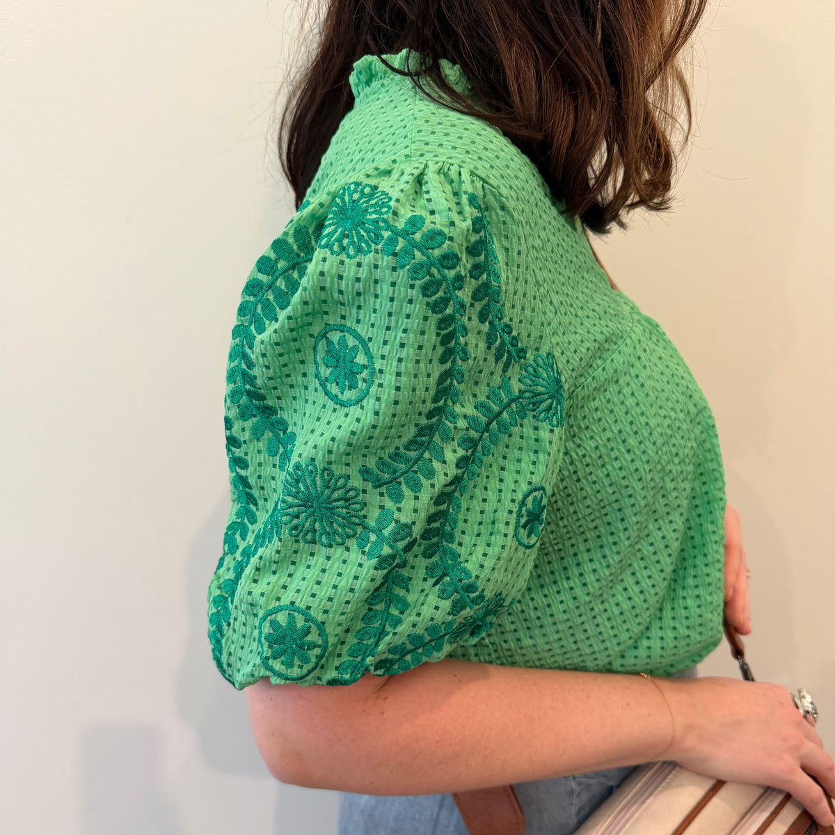 Green Embroidered Puff-Sleeve Blouse