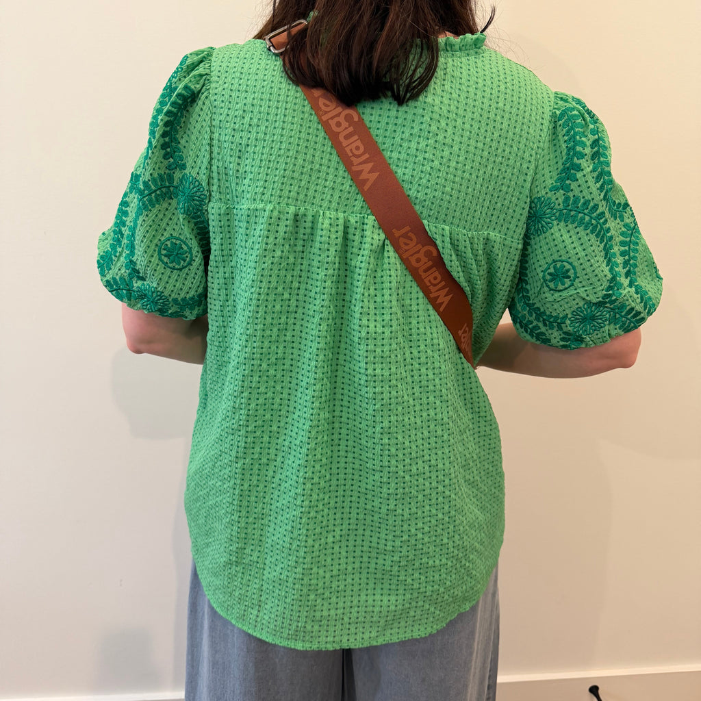 Green Embroidered Puff-Sleeve Blouse