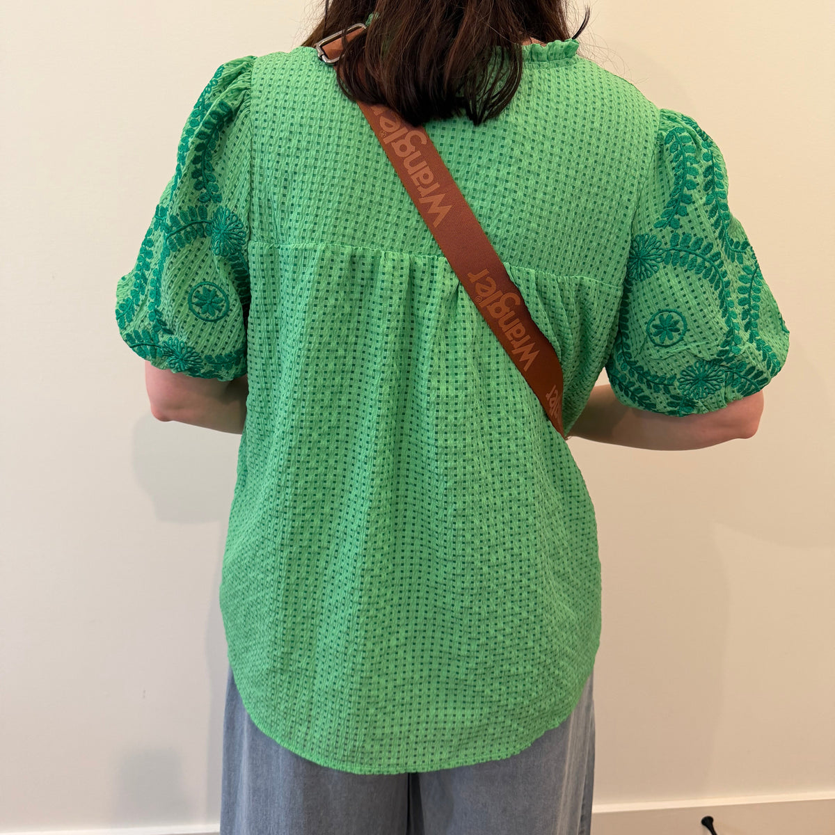 Green Embroidered Puff-Sleeve Blouse