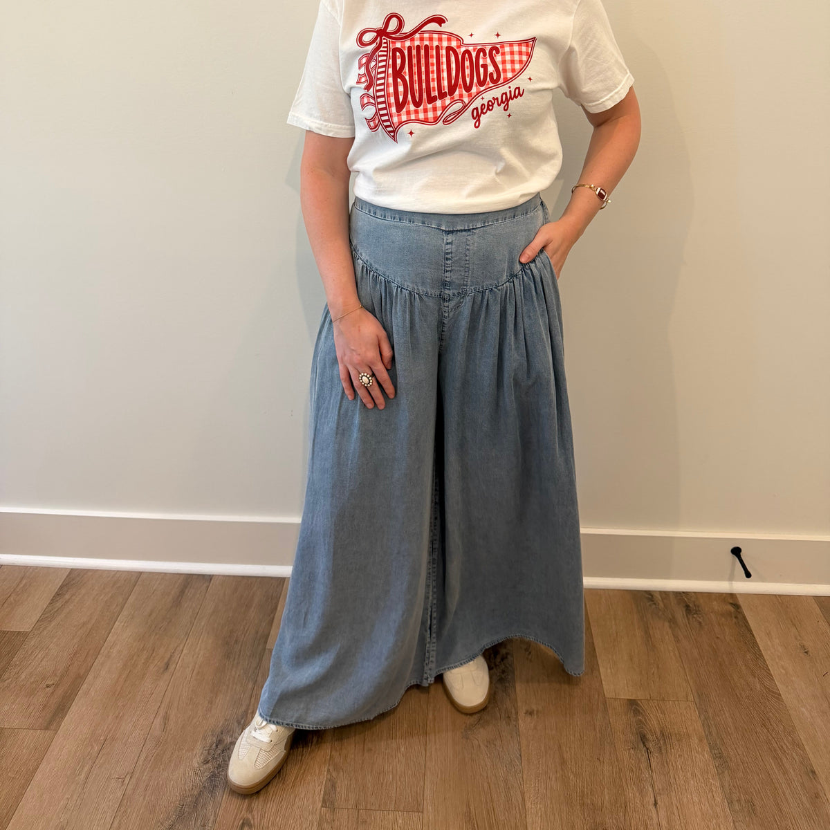High Rise Wide Leg Denim Palazzo Pants