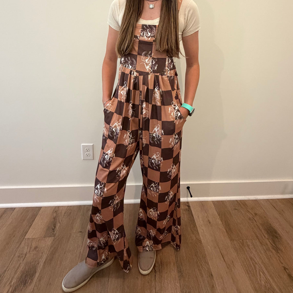 Western Horse Print Checkerboard Overalls