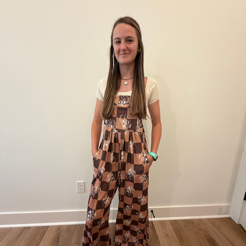 Western Horse Print Checkerboard Overalls