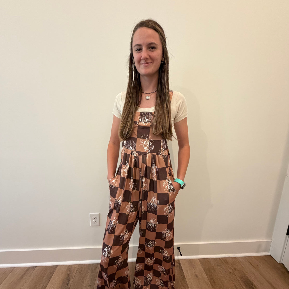 Western Horse Print Checkerboard Overalls