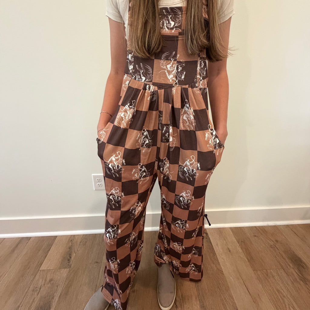 Western Horse Print Checkerboard Overalls