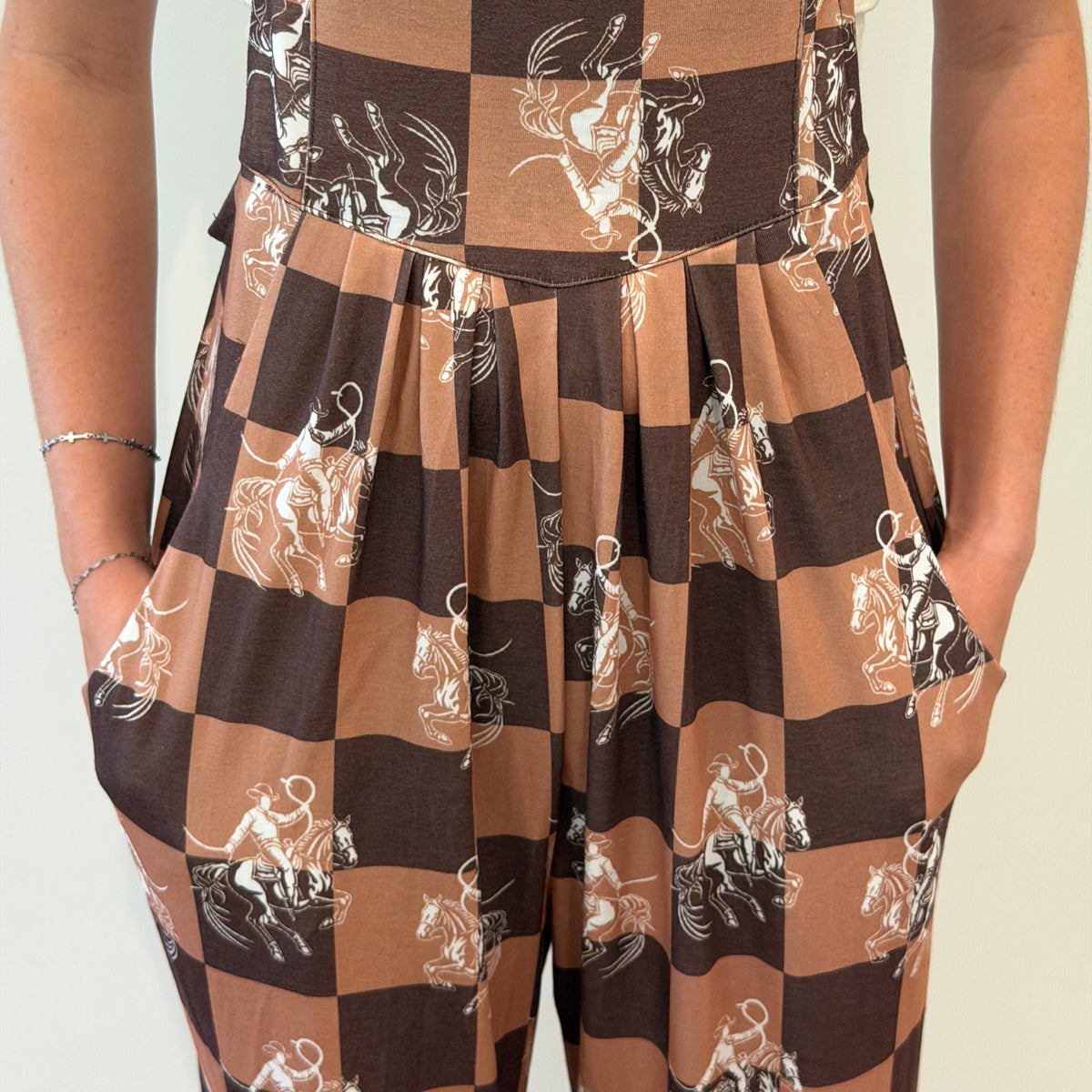 Western Horse Print Checkerboard Overalls