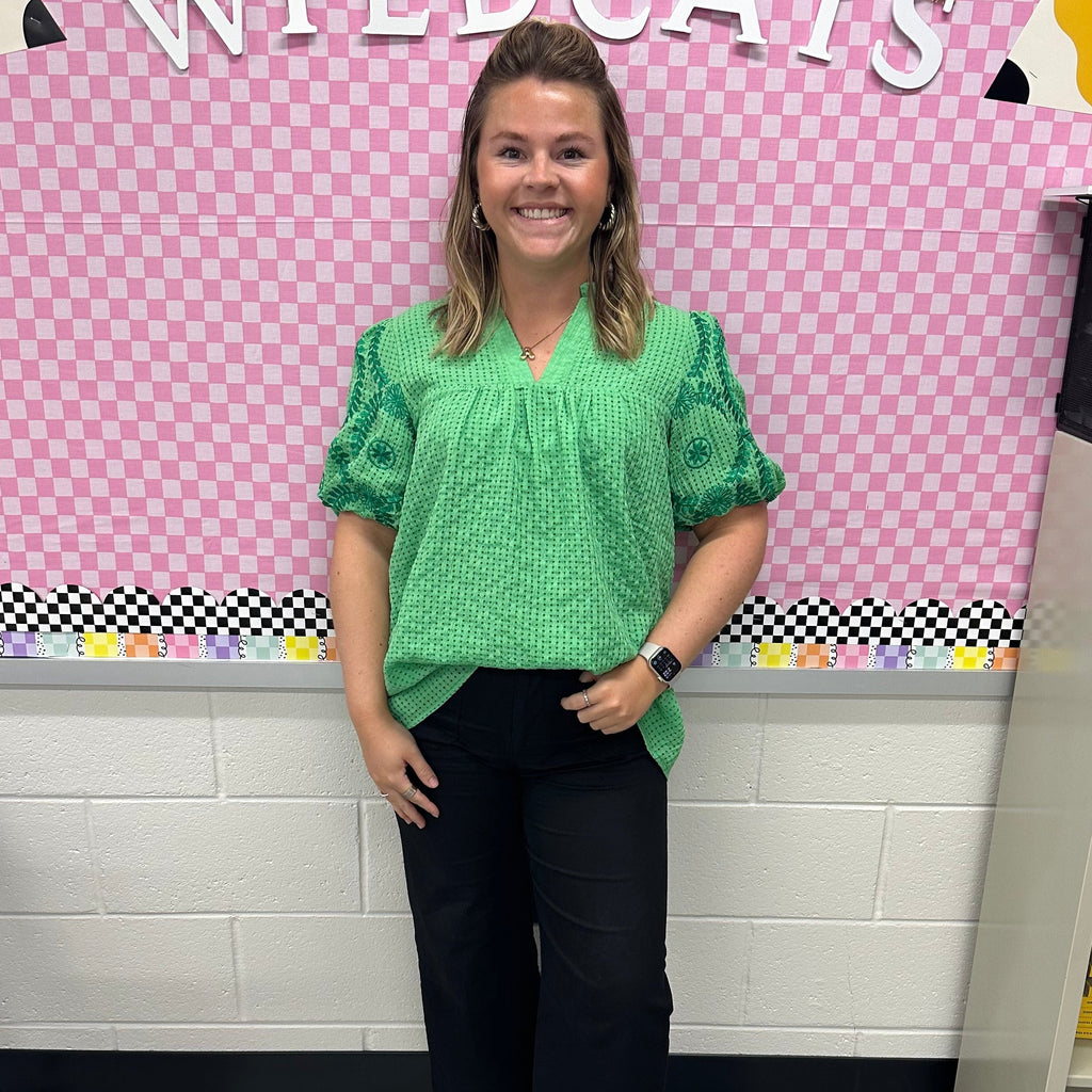 Green Embroidered Puff-Sleeve Blouse