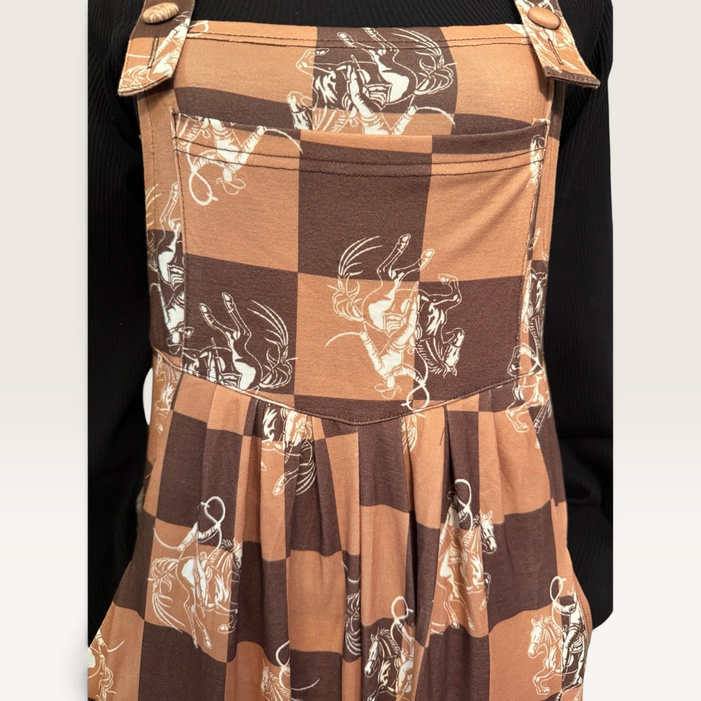 Western Horse Print Checkerboard Overalls