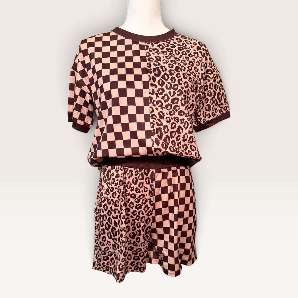 Checkerboard and leopard short set styled on mannequin.