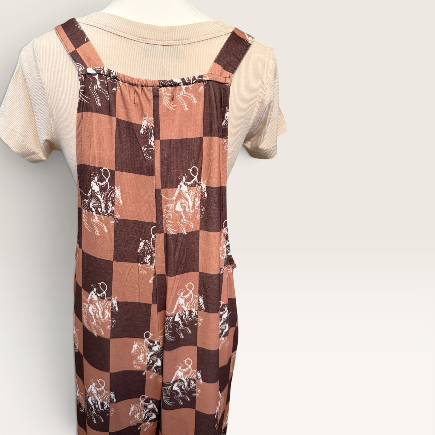 Back view of brown checkerboard western overalls