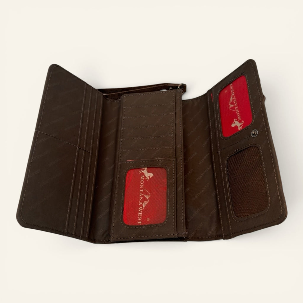 Red Clay Mercantile MONTANA WEST brown faux leather tri-fold wallet interior with card slots and ID windows