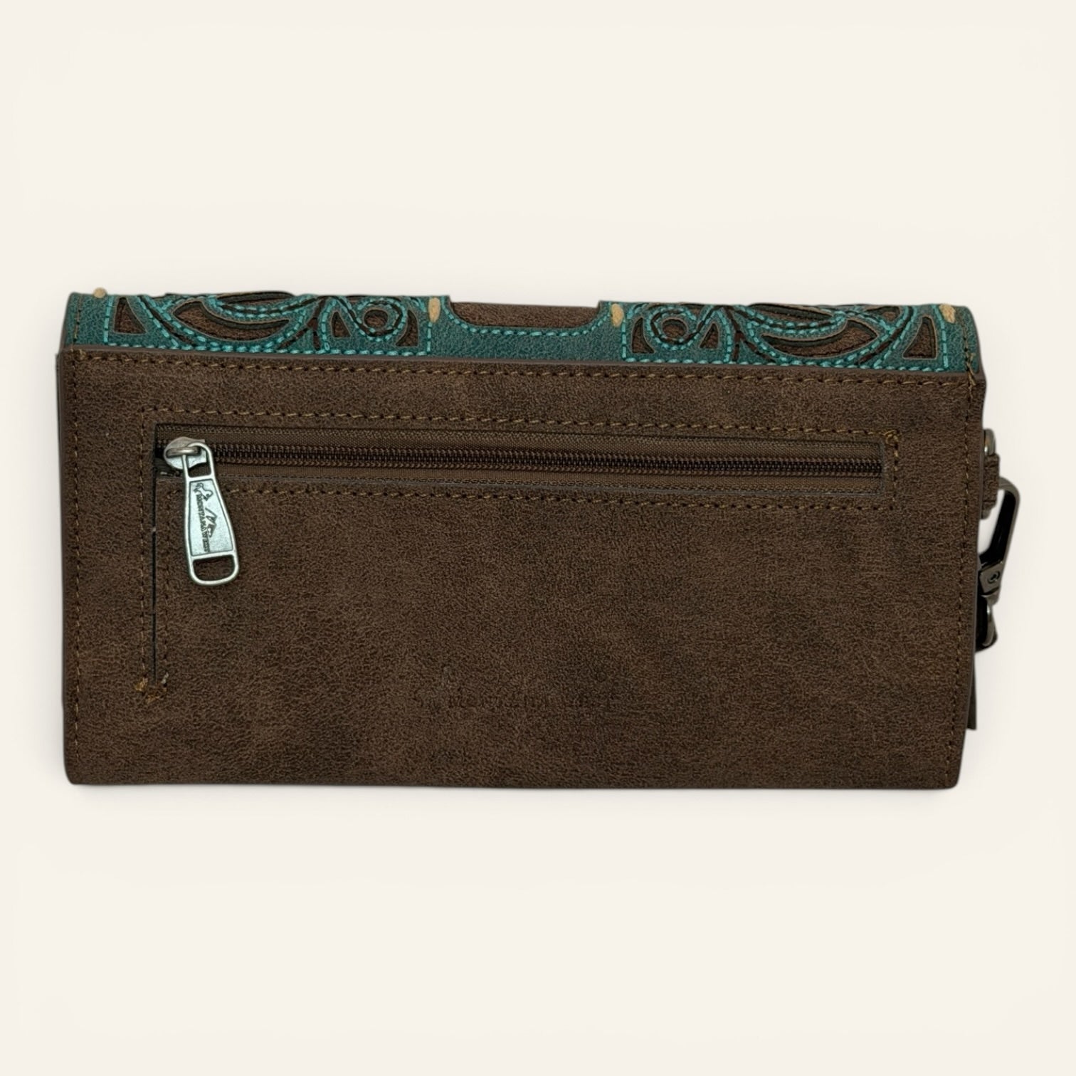 Red Clay Mercantile MONTANA WEST chocolate brown faux leather wristlet wallet with teal scrollwork and back zipper