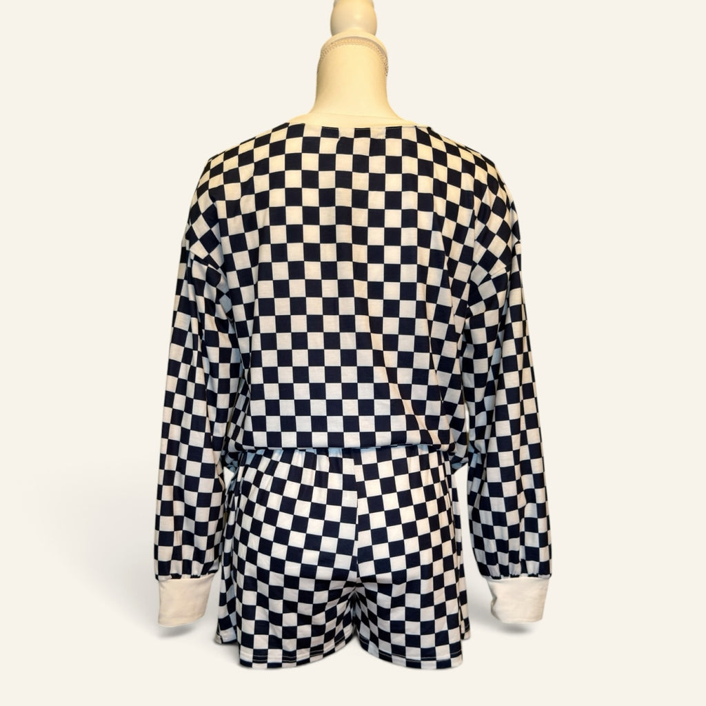 Back view of navy and white checkered two-piece set