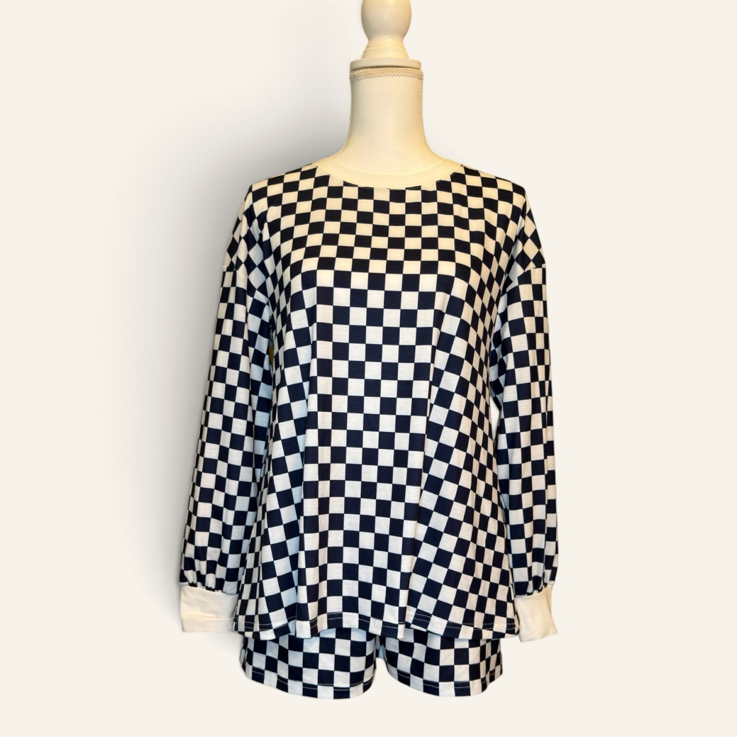 Navy and white checkerboard top with coordinating shorts