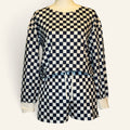Navy and white checkered two-piece set with long-sleeve top and shorts