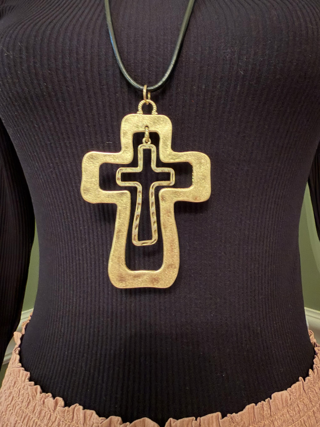 Layered cross necklace with silver-tone and gold-tone details