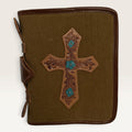 Western Bible cover in olive and brown cotton with leather trim and hand-tooled leather cross with turquoise floral accents