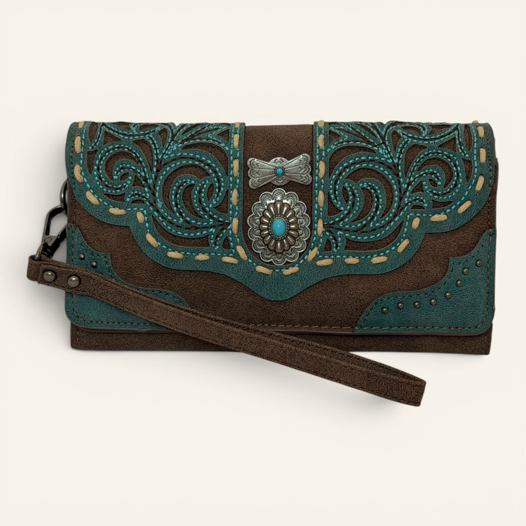 Red Clay Mercantile chocolate brown faux leather western wristlet with teal scroll embroidery and turquoise concho