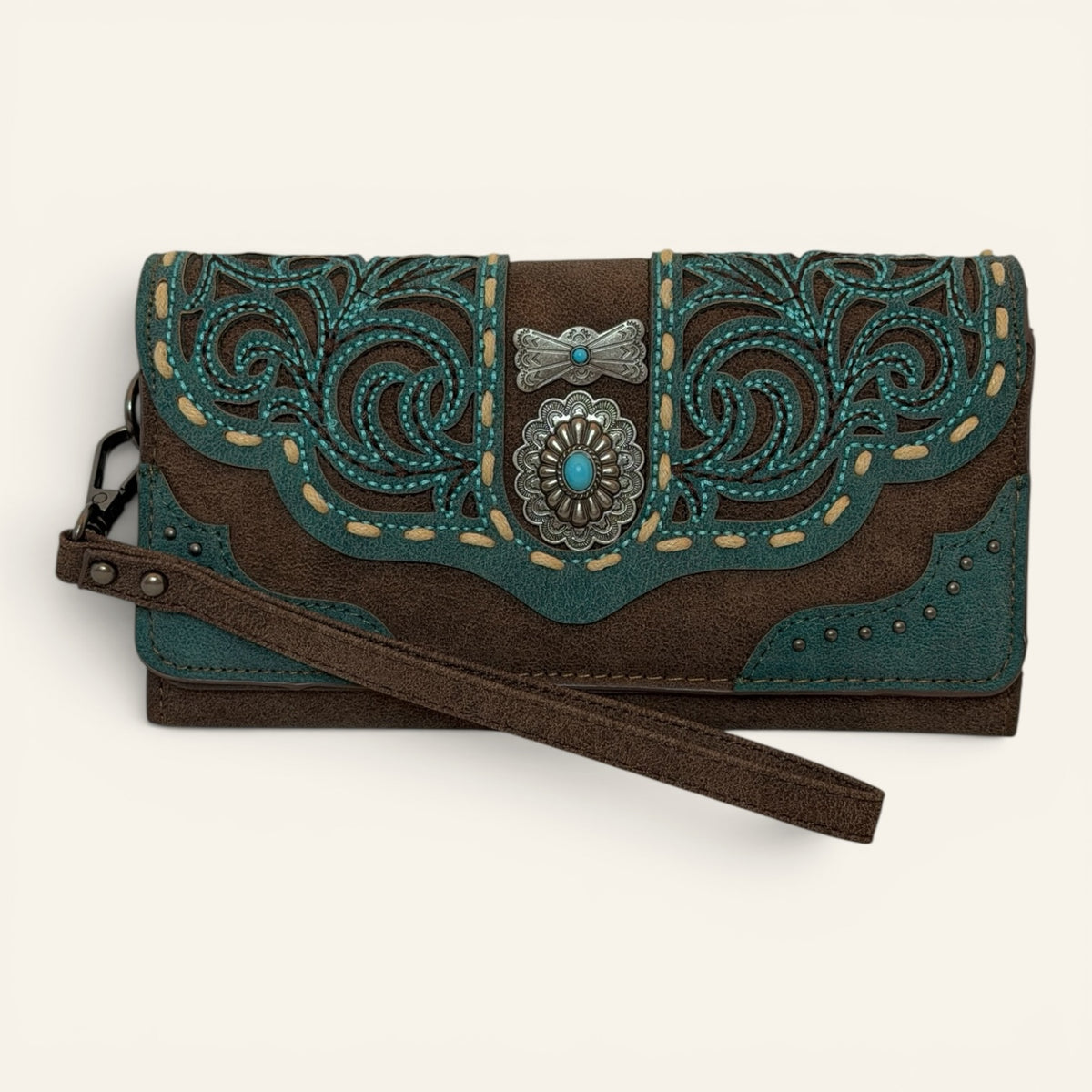 Red Clay Mercantile chocolate brown faux leather western wristlet with teal scroll embroidery and turquoise concho