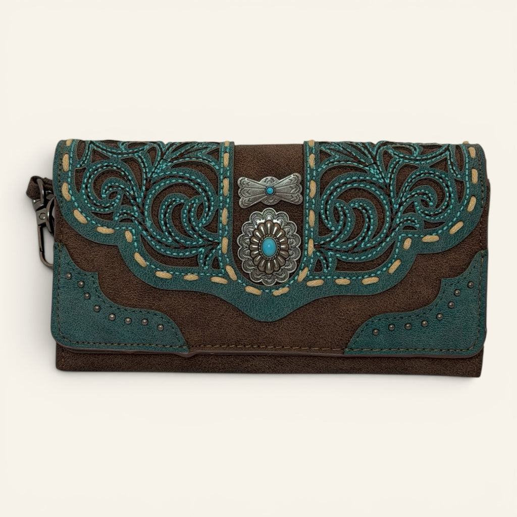 Red Clay Mercantile MONTANA WEST brown faux leather wristlet with teal scrollwork, silver concho, and turquoise stone.