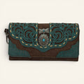 Red Clay Mercantile MONTANA WEST brown faux leather wristlet with teal scrollwork, silver concho, and turquoise stone.