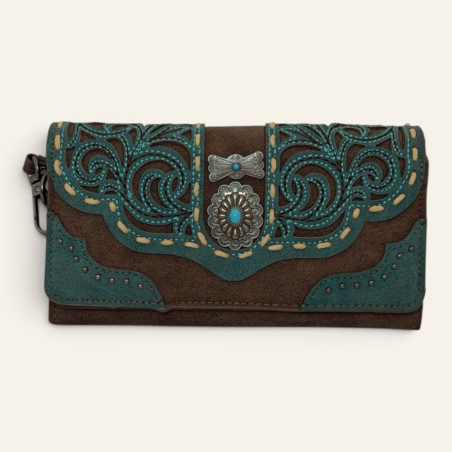 Red Clay Mercantile MONTANA WEST brown faux leather wristlet with teal scrollwork, silver concho, and turquoise stone.